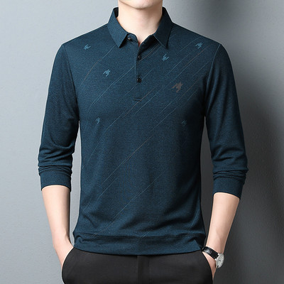 Kevadine uus pikkade varrukatega vabaaja T-särk Meeste lahtikäiva kraega Moodne lahtised soliidsed T-särgid, nööbiga graafilised trükitud topid