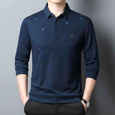 Kevadine uus pikkade varrukatega vabaaja T-särk Meeste lahtikäiva kraega Moodne lahtised soliidsed T-särgid, nööbiga graafilised trükitud topid