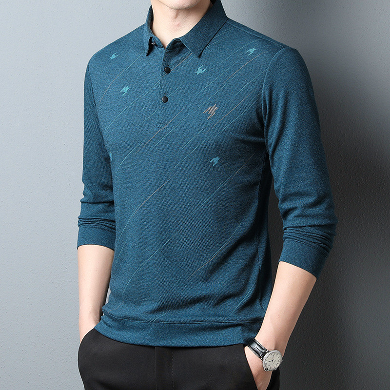 Kevadine uus pikkade varrukatega vabaaja T-särk Meeste lahtikäiva kraega Moodne lahtised soliidsed T-särgid, nööbiga graafilised trükitud topid