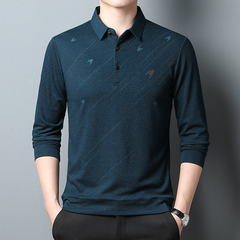 Kevadine uus pikkade varrukatega vabaaja T-särk Meeste lahtikäiva kraega Moodne lahtised soliidsed T-särgid, nööbiga graafilised trükitud topid