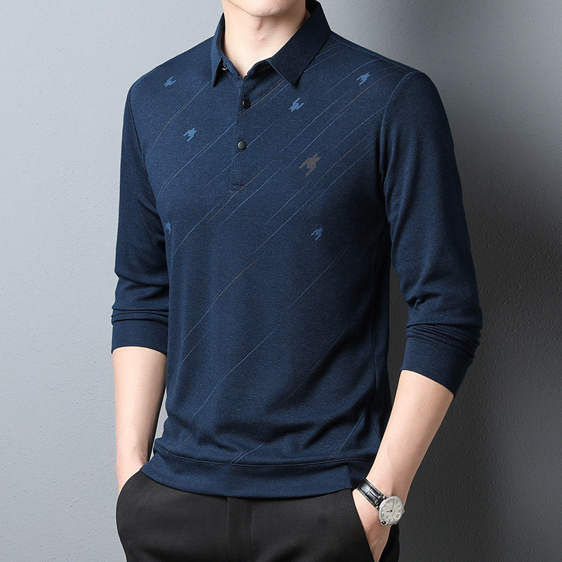 Kevadine uus pikkade varrukatega vabaaja T-särk Meeste lahtikäiva kraega Moodne lahtised soliidsed T-särgid, nööbiga graafilised trükitud topid