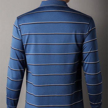 Мъжка поло риза на райета Пролет Есен Нова отложна яка Джобове с дълъг ръкав Бизнес пуловер Свободни модни ежедневни горнища