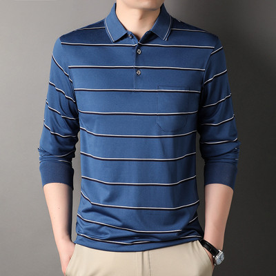 Muška prugasta polo majica Proljeće Jesen Novi otvoreni ovratnik Džepovi Dugi rukavi Poslovni pulover Široke modne ležerne majice