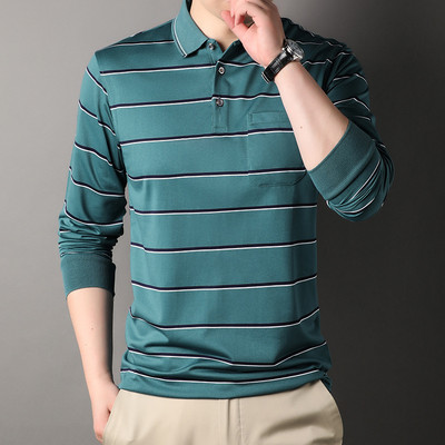 Muška prugasta polo majica Proljeće Jesen Novi otvoreni ovratnik Džepovi Dugi rukavi Poslovni pulover Široke modne ležerne majice