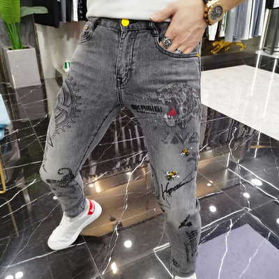 Îmbrăcăminte de lux pentru bărbați de toamnă și primăvară Blugi skinny cu imprimeu cu cap de tigru și decorațiuni cu diamante Pantaloni slim fit streetwear