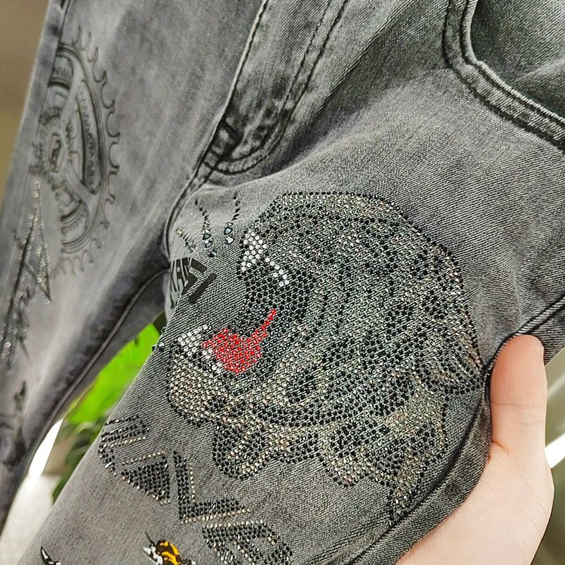 Luksuzna muška odjeća za jesen i proljeće, uske traperice s tigrovom glavom i dijamantnim ukrasom, uske ulične hlače