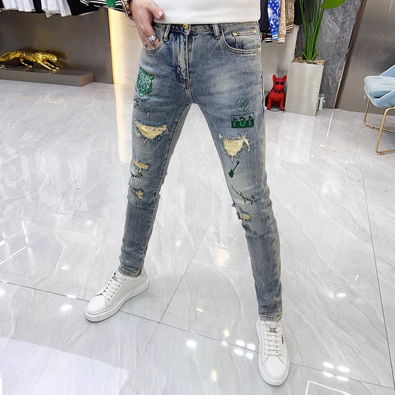 Novodošle muške dizajnerske traperice Kpop stila Tigrasti vez Poderane korejske luksuzne ulične uske kaubojske rastezljive traper hlače