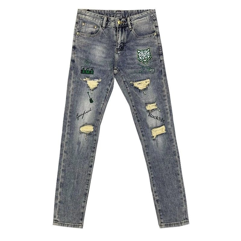 Novodošle muške dizajnerske traperice Kpop stila Tigrasti vez Poderane korejske luksuzne ulične uske kaubojske rastezljive traper hlače