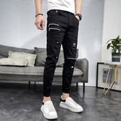 Uus saabumine Luksuslikud mustad teksad Meeste Korea mood Meeste Hip-hop Tõmblukuga Disainer Cowboy Solid Classic Punk vabaaja õhukesed püksid