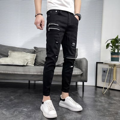 Noua sosire Blugi negri de lux Moda coreeană bărbați Hip-hop Fermoar Designer Cowboy Solid Clasic Punk Casual Pantaloni subțiri