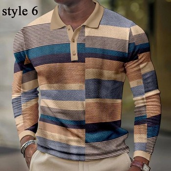Мъжки пуловер с 3D принт с дълъг ръкав, тениска, блуза, ревер, копче, ретро графични топове за зрял мъж, пролет, есен, карирано мъжко облекло