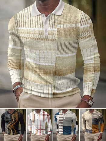 Мъжки пуловер с 3D принт с дълъг ръкав, тениска, блуза, ревер, копче, ретро графични топове за зрял мъж, пролет, есен, карирано мъжко облекло