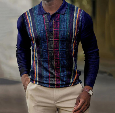 2023 m. pavasario nauji europietiški ir amerikietiški 3D spausdinimo laisvalaikio retro marškinėliai ilgomis rankovėmis vyriški polo marškinėliai