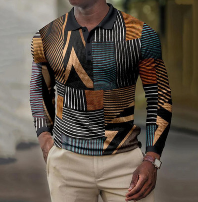 2023 m. pavasario nauji europietiški ir amerikietiški 3D spausdinimo laisvalaikio retro marškinėliai ilgomis rankovėmis vyriški polo marškinėliai