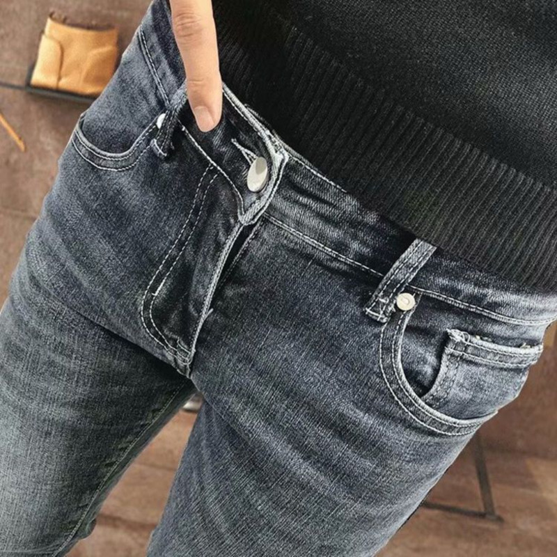 Kvaliteetsed stiilsed korea moe Kpop tööteksad meestele Tumesinine madala tõusuga kitsas veniv kauboi üliõpilaste teksapüksid