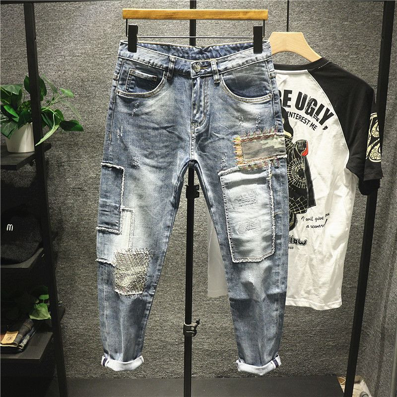 Blugi de lux pentru bărbați, de designer de epocă, Harajuku, stil coreean, ocazional, stretch, slim fit, blugi hip-hop patchwork pentru bărbați