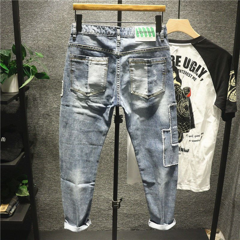 Blugi de lux pentru bărbați, de designer de epocă, Harajuku, stil coreean, ocazional, stretch, slim fit, blugi hip-hop patchwork pentru bărbați