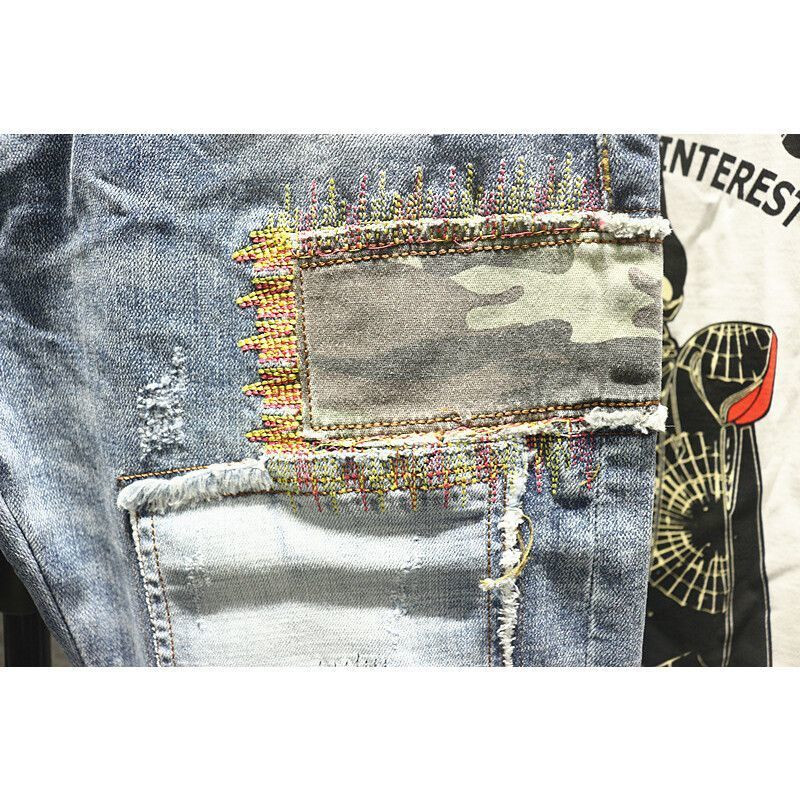 Blugi de lux pentru bărbați, de designer de epocă, Harajuku, stil coreean, ocazional, stretch, slim fit, blugi hip-hop patchwork pentru bărbați