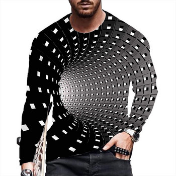 2023 Мъжко пролетно и есенно облекло Ежедневен свободен пуловер с дълъг ръкав и кръгло деколте, 3D шарка Тениска с щампа на цветни райета
