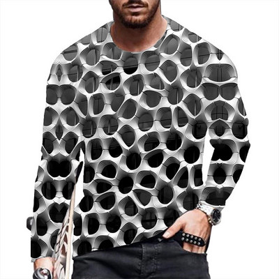 Meeste 2023. aasta kevad- ja sügiskandmine pikkade varrukatega, ümara kaelusega vabaaja 3D mustriga värvilise triibuga T-särk