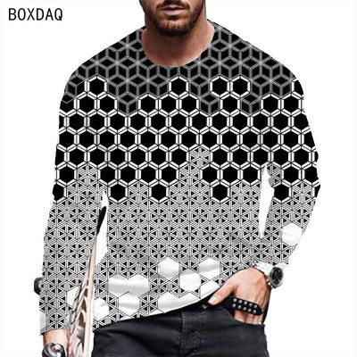 Meeste 2023. aasta kevad- ja sügiskandmine pikkade varrukatega, ümara kaelusega vabaaja 3D mustriga värvilise triibuga T-särk