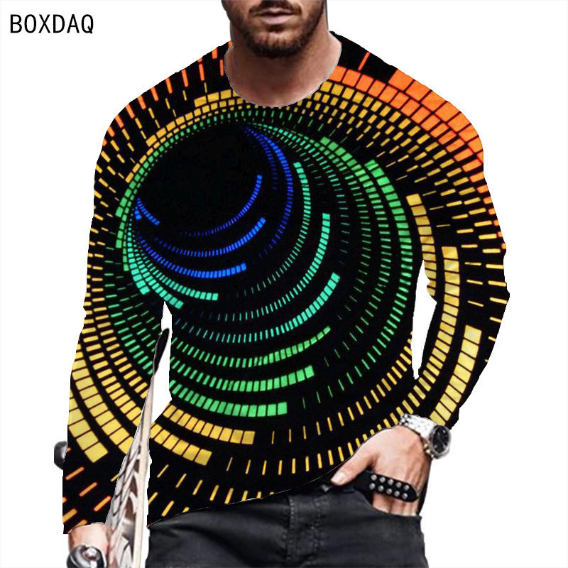 Meeste 2023. aasta kevad- ja sügiskandmine pikkade varrukatega, ümara kaelusega vabaaja 3D mustriga värvilise triibuga T-särk