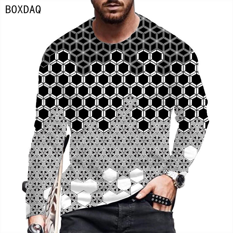 Meeste 2023. aasta kevad- ja sügiskandmine pikkade varrukatega, ümara kaelusega vabaaja 3D mustriga värvilise triibuga T-särk