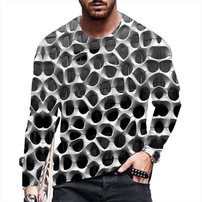 Meeste 2023. aasta kevad- ja sügiskandmine pikkade varrukatega, ümara kaelusega vabaaja 3D mustriga värvilise triibuga T-särk