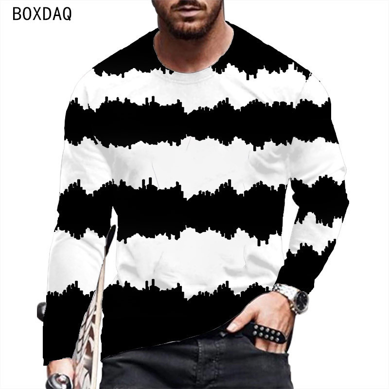 Meeste 2023. aasta kevad- ja sügiskandmine pikkade varrukatega, ümara kaelusega vabaaja 3D mustriga värvilise triibuga T-särk