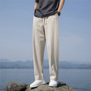 2023 Летни мъжки панталони Памучни тънки меки ленени модни ежедневни панталони Едноцветни дишащи свободни прави панталони Streetwear