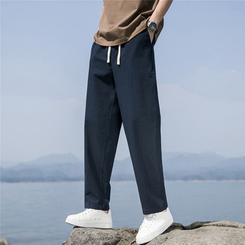 2023 Летни мъжки панталони Памучни тънки меки ленени модни ежедневни панталони Едноцветни дишащи свободни прави панталони Streetwear