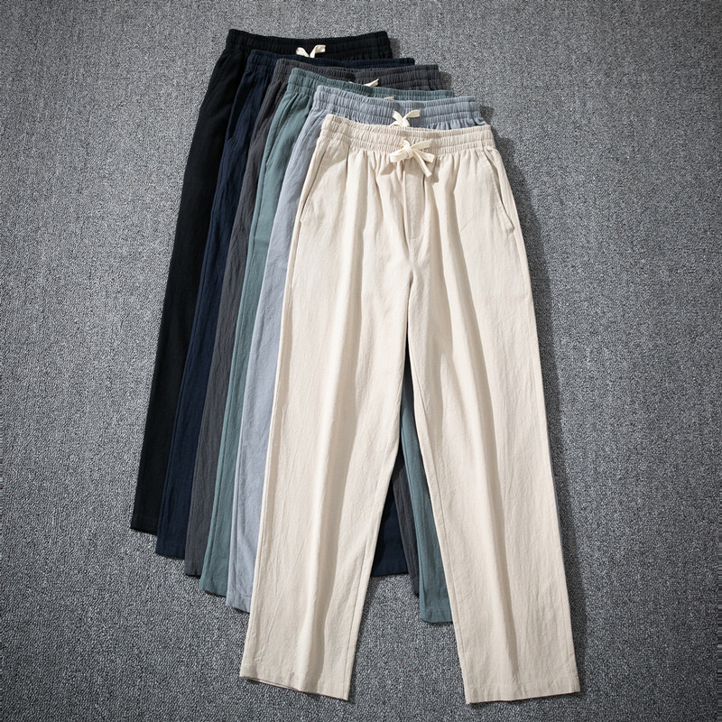 2023. aasta suve meeste püksid, puuvillane õhuke pehme linane mood vabaaja püksid ühevärvilised hingavad lahtised sirged püksid tänavarõivad