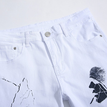 Νέο πλυμένο τζιν τζιν Ανδρικό παντελόνι Λευκό εμπριμέ παντελόνι λεπτή εφαρμογή Μακρύ τζιν μόδα μεγάλο μέγεθος