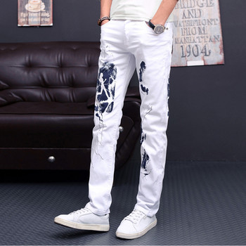 Νέο πλυμένο τζιν τζιν Ανδρικό παντελόνι Λευκό εμπριμέ παντελόνι λεπτή εφαρμογή Μακρύ τζιν μόδα μεγάλο μέγεθος