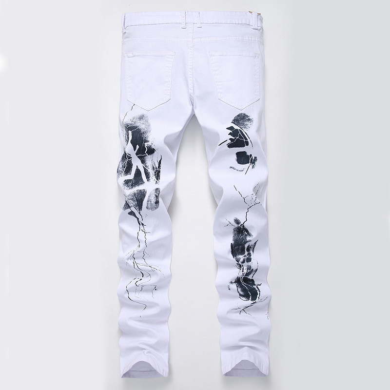 Uued pestud teksad Denim meeste püksid valge trükiga püksid Slim Fit pikad teksad moe suur suurus