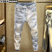 European Jean Muške patchwork poderane traperice s vezom Trend brand motociklističke hlače Muške uske traperice pantalone hombre streetwear