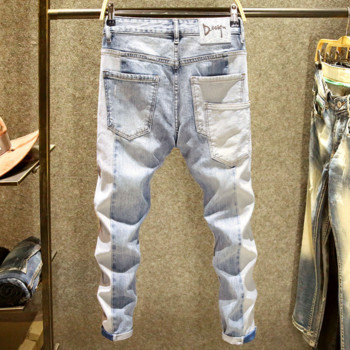 Европейски дънки мъжки бродерия пачуърк скъсани дънки модна марка мотоциклетни панталони мъжки тесни дънки панталони hombre streetwear