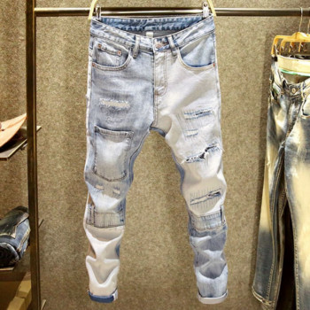 Европейски дънки мъжки бродерия пачуърк скъсани дънки модна марка мотоциклетни панталони мъжки тесни дънки панталони hombre streetwear