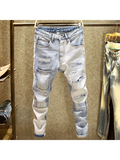 European Jean Muške patchwork poderane traperice s vezom Trend brand motociklističke hlače Muške uske traperice pantalone hombre streetwear