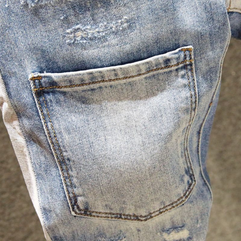 European Jean Muške patchwork poderane traperice s vezom Trend brand motociklističke hlače Muške uske traperice pantalone hombre streetwear