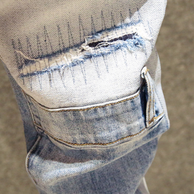 European Jean Muške patchwork poderane traperice s vezom Trend brand motociklističke hlače Muške uske traperice pantalone hombre streetwear