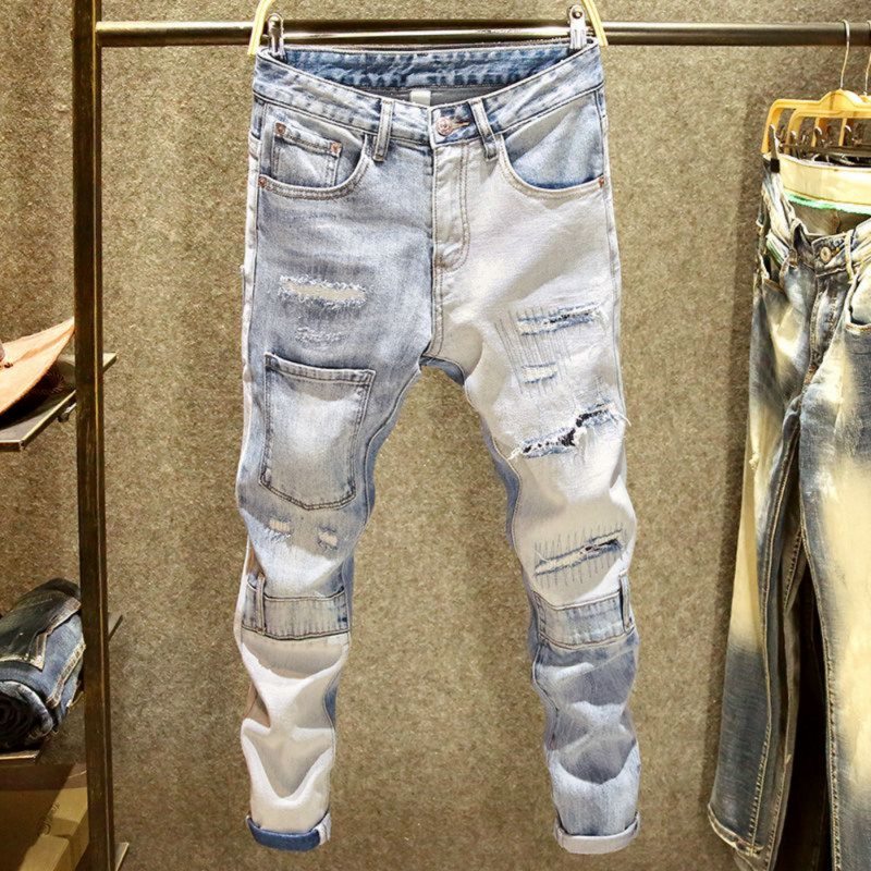 European Jean Muške patchwork poderane traperice s vezom Trend brand motociklističke hlače Muške uske traperice pantalone hombre streetwear