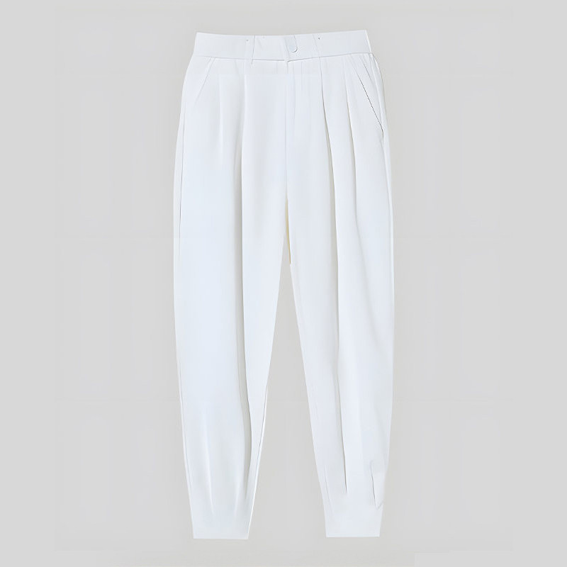 Summer Ice Silk Üliõhukesed meeste vabaaja ülikonnapüksid 2023 Moodsad Tõmblukk Tala Jalad Tänavahaaremi pahkluu püksid must valge