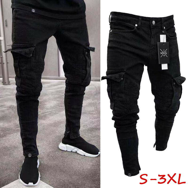Mood meeste Slim Fit Urban sirge jalaga mustad püksid Denim vabaaja pliiats Jogger Cargo püksid S-3XL
