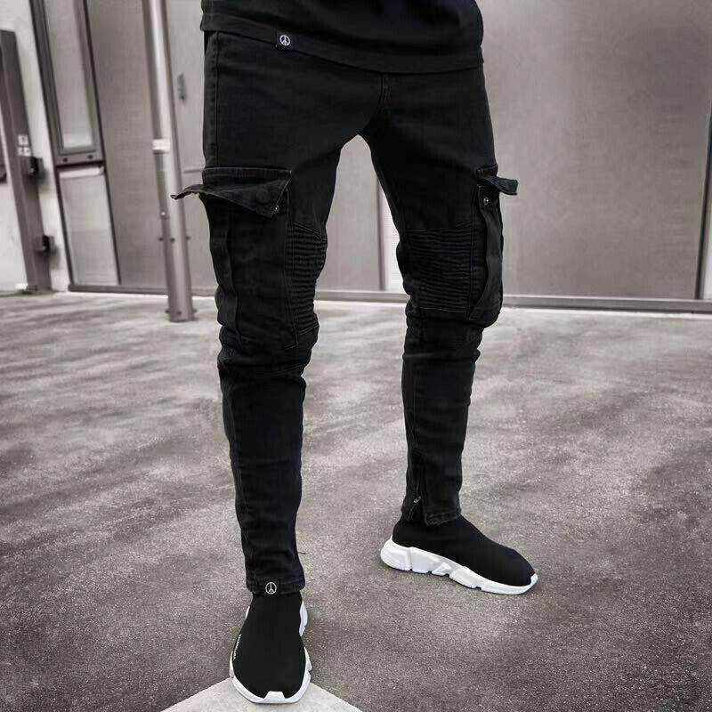 Mood meeste Slim Fit Urban sirge jalaga mustad püksid Denim vabaaja pliiats Jogger Cargo püksid S-3XL
