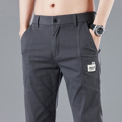 Pantaloni casual subțiri pentru bărbați, primăvară, vară, cu design elastic în talie, pantaloni de afaceri stretch din bumbac, bărbați, gri albastru.