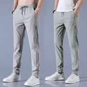 Uzice, elastični pojas, džepovi, ledena svila, muške hlače, ljetne jednobojne tanke hlače ravnog kroja, dnevna odjeća