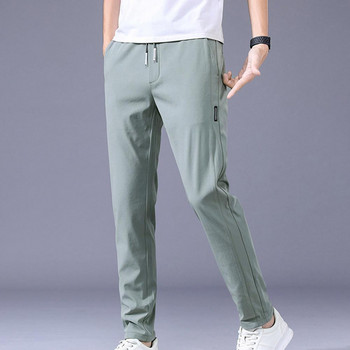 Мъжки панталон с шнур, ластичен колан, джобове от ледена коприна, летни едноцветни тънки панталони с права кройка Ежедневно облекло