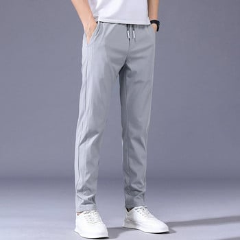 Мъжки панталон с шнур, ластичен колан, джобове от ледена коприна, летни едноцветни тънки панталони с права кройка Ежедневно облекло