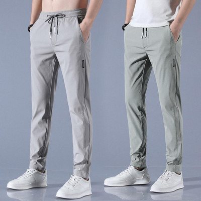 Drawstring Elastic Waistband Pockets Ice Silk Men Pants Summer Solid Color Straight Fit Thin Trousers Daily Clothing